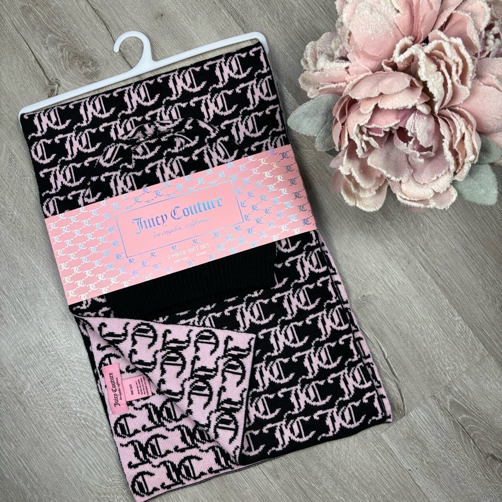 Juicy Couture Black & Pink Knit Hat and Scarf Set